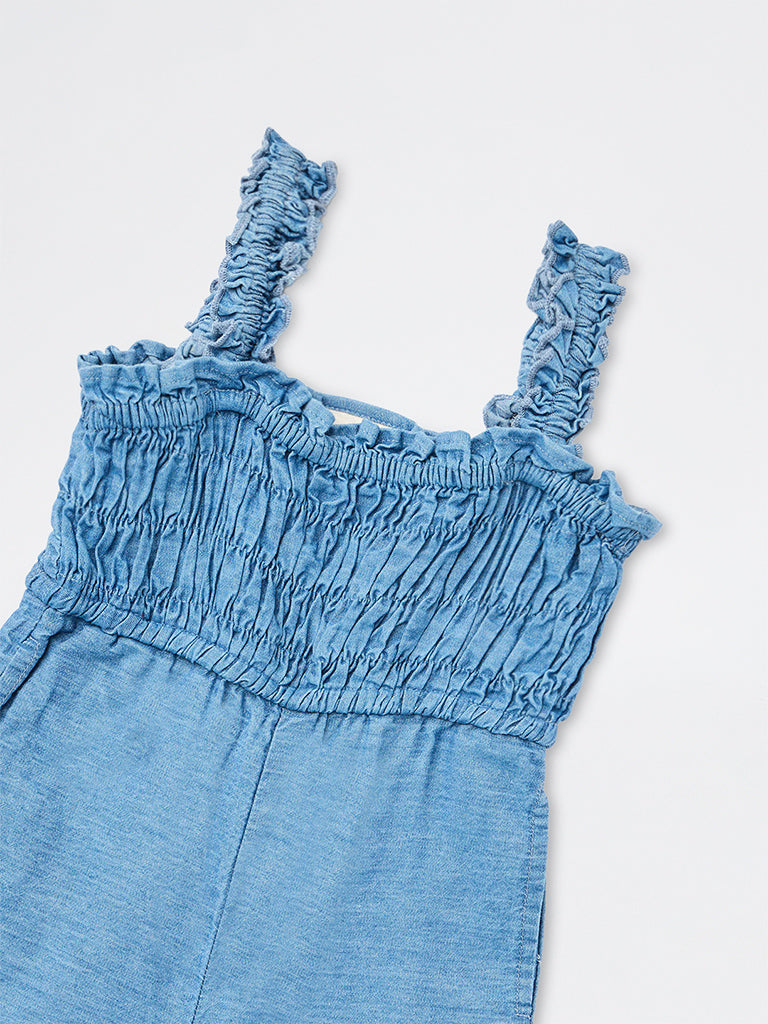 Utsa Kids Girls Blue Floral Embroidered Denim Jumpsuit - (2-8 yrs)