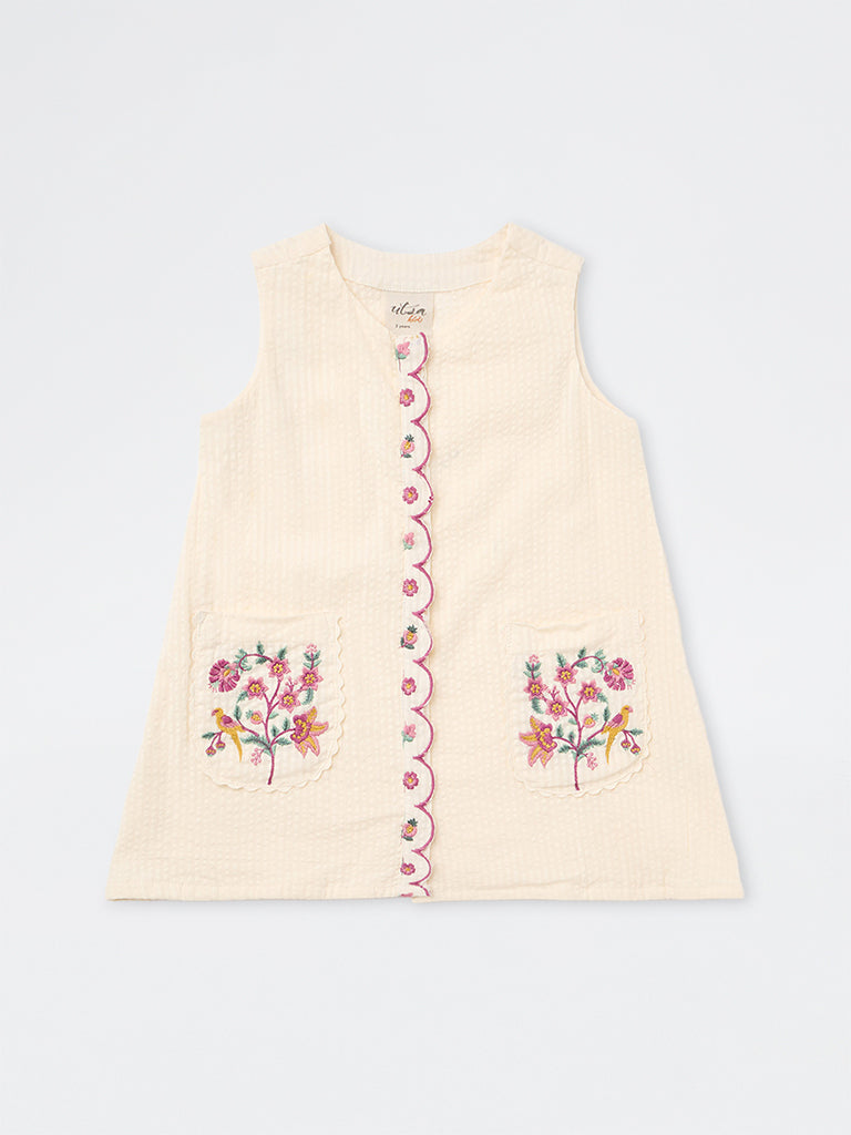 Utsa Kids Girls Cream Floral Embroidered Cotton A-Line Dress - (2-8 yrs)