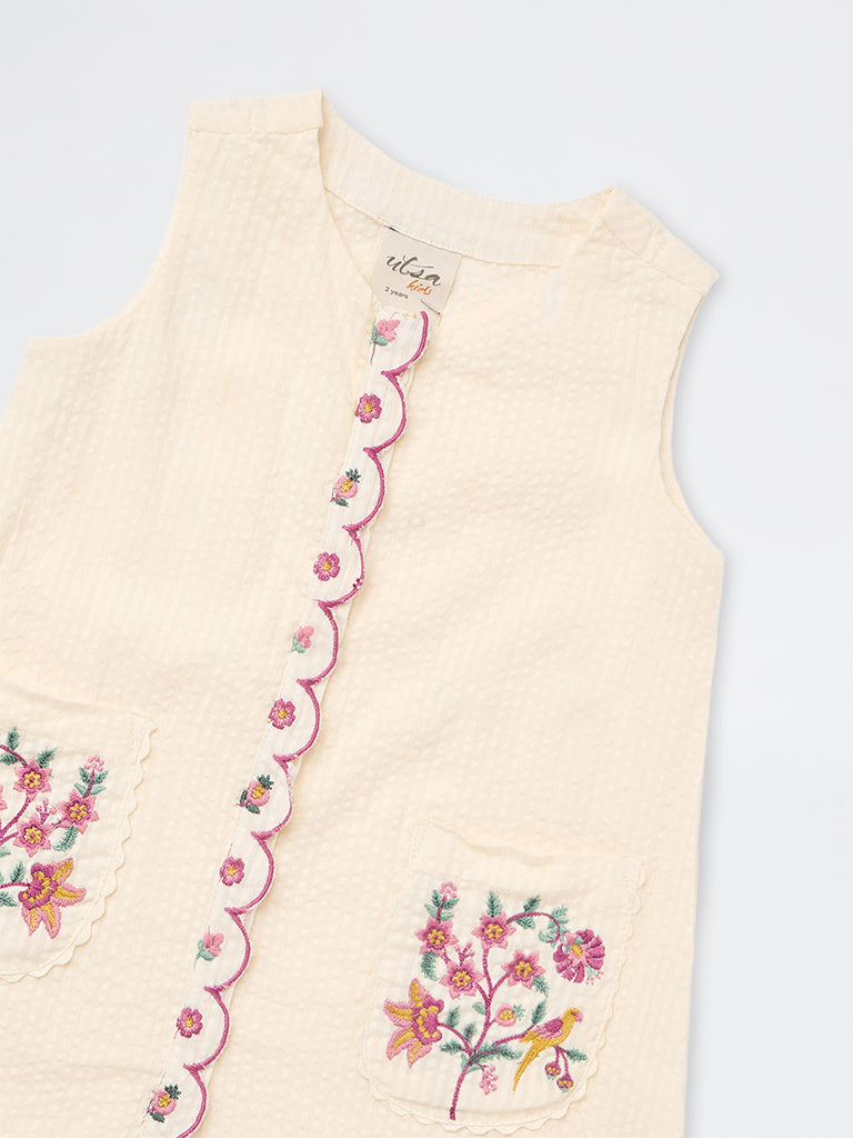 Utsa Kids Girls Cream Floral Embroidered Cotton A-Line Dress - (2-8 yrs)