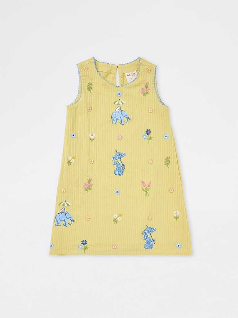 Utsa Kids Girls Yellow Embroidered Cotton Sheath Dress - (2-8 yrs)