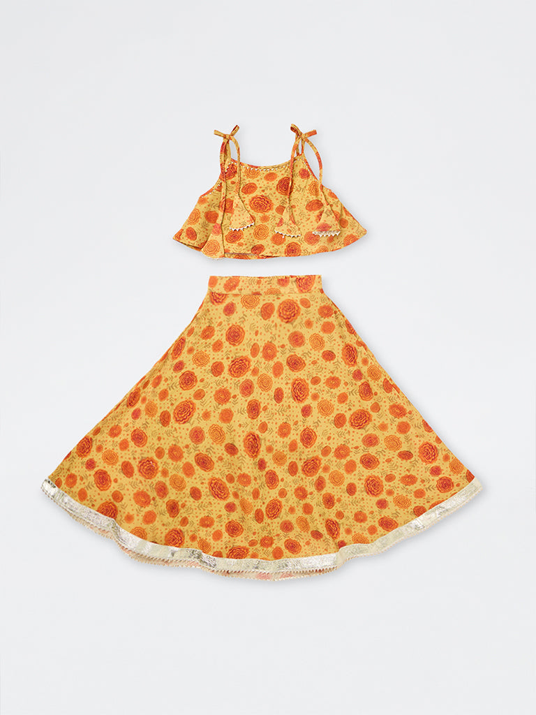 Utsa Kids Girls Yellow Floral Printed Top and Skirt Set - (2-8 yrs)