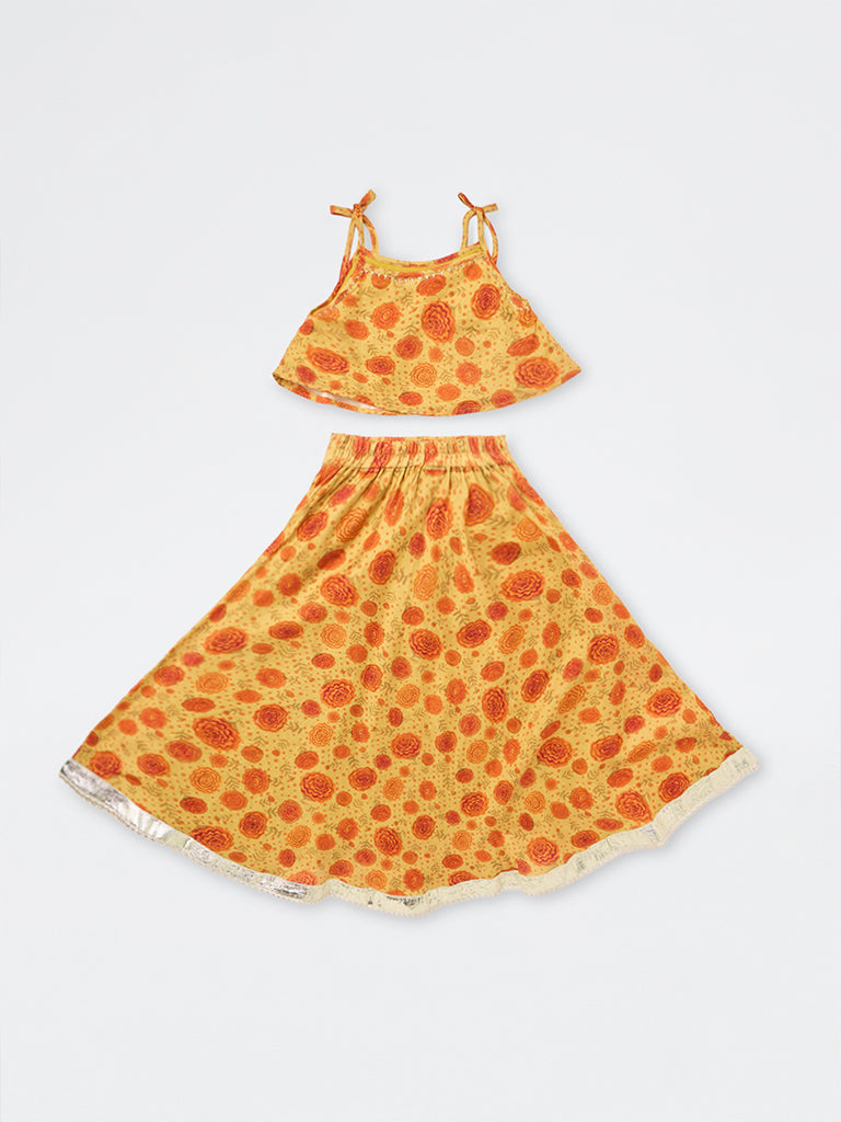 Utsa Kids Girls Yellow Floral Printed Top and Skirt Set - (2-8 yrs)