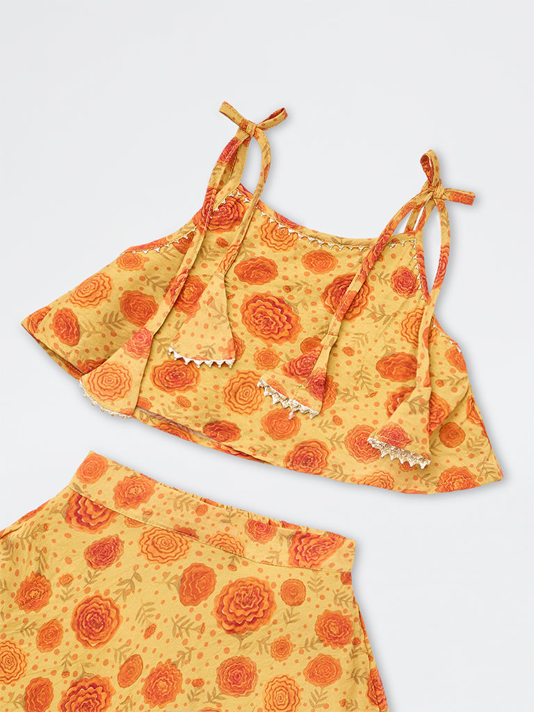 Utsa Kids Girls Yellow Floral Printed Top and Skirt Set - (2-8 yrs)