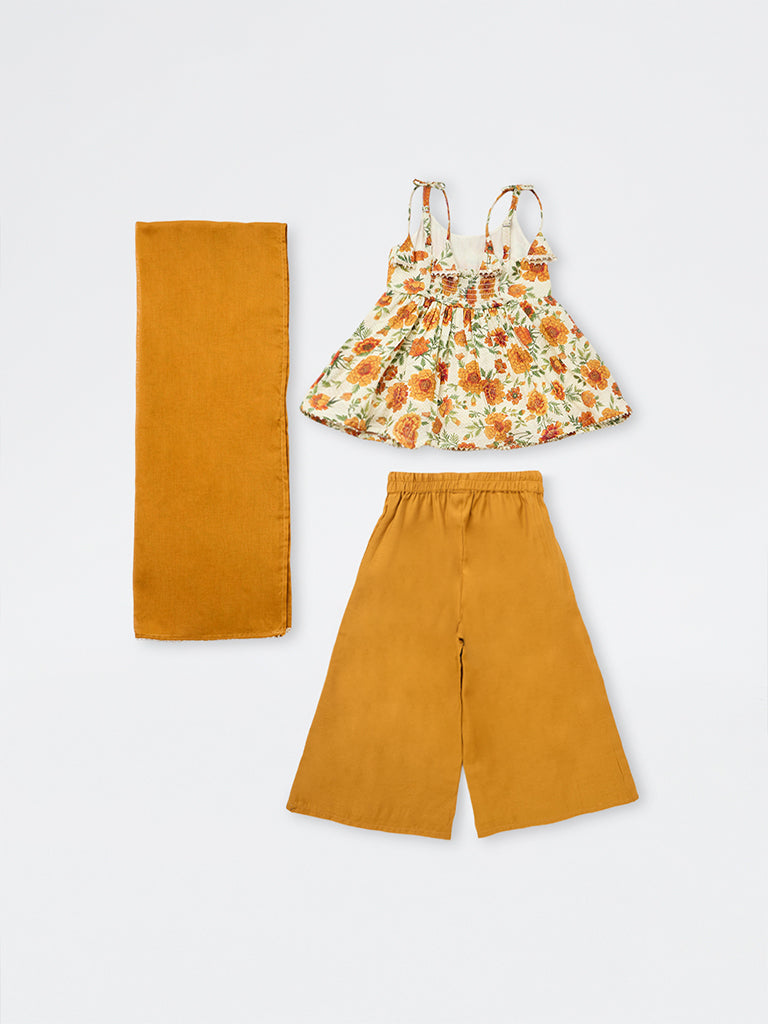 Utsa Kids Girls Mustard Floral Printed Top with Palazzos Set - (2-8 yrs)