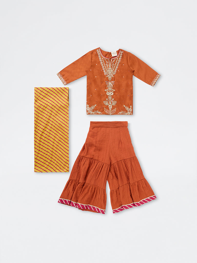 Utsa Kids Girls Orange Embroidered Kurta and Sharara Set - (2-8 yrs)