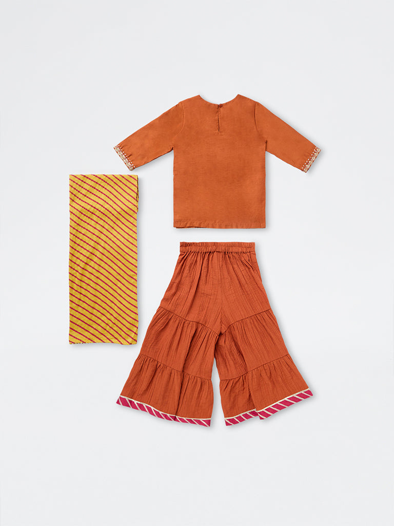 Utsa Kids Girls Orange Embroidered Kurta and Sharara Set - (2-8 yrs)