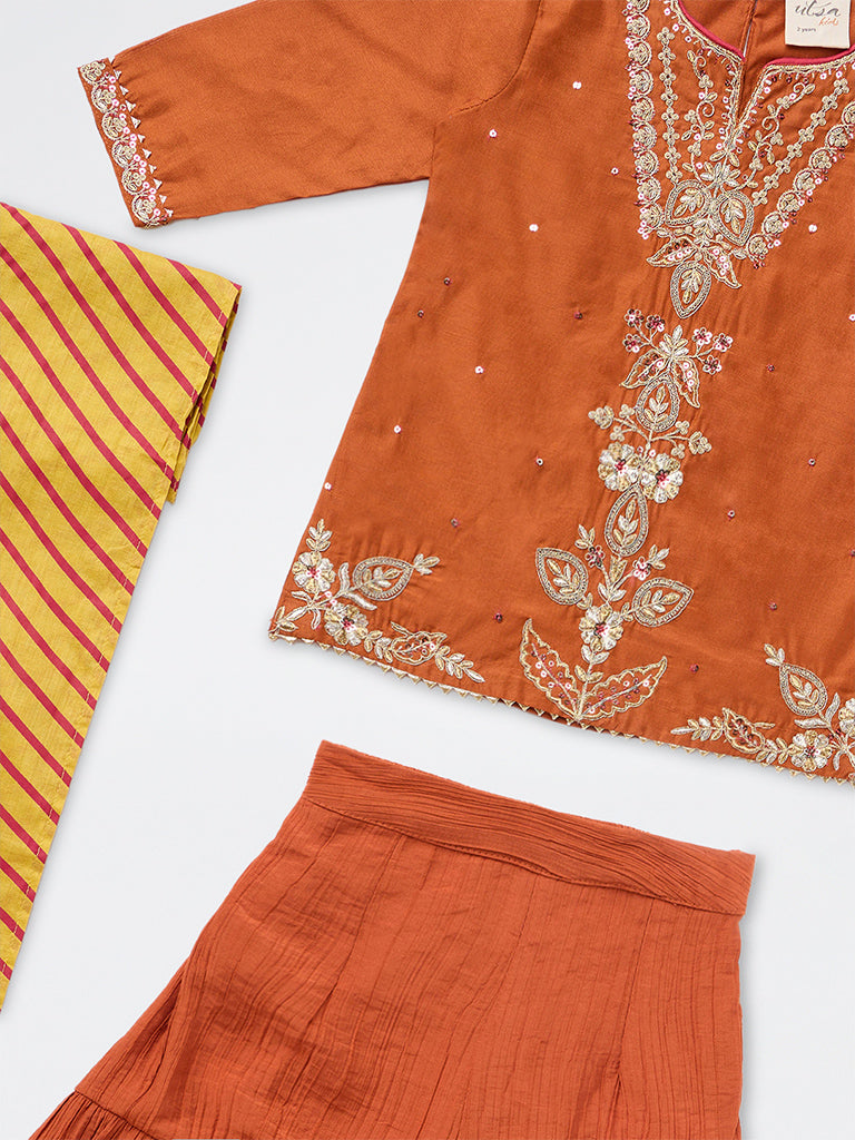 Utsa Kids Girls Orange Embroidered Kurta and Sharara Set - (2-8 yrs)