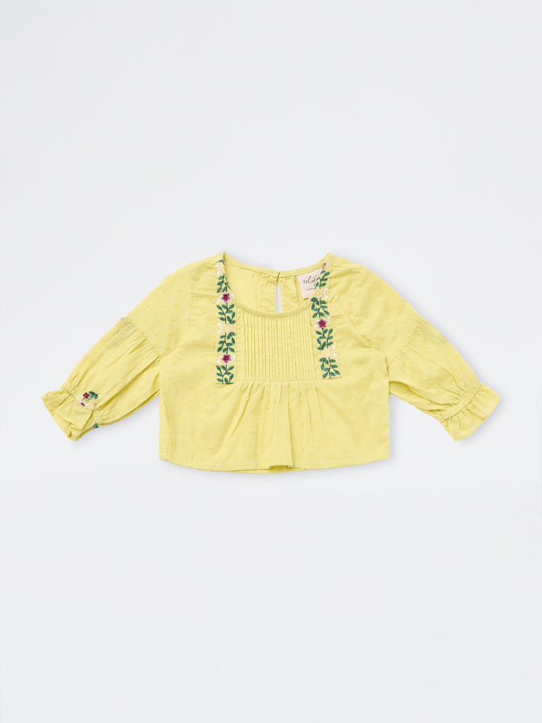 Utsa Kids Girls Yellow Floral Embroidered Cotton Top - (2-8 yrs)