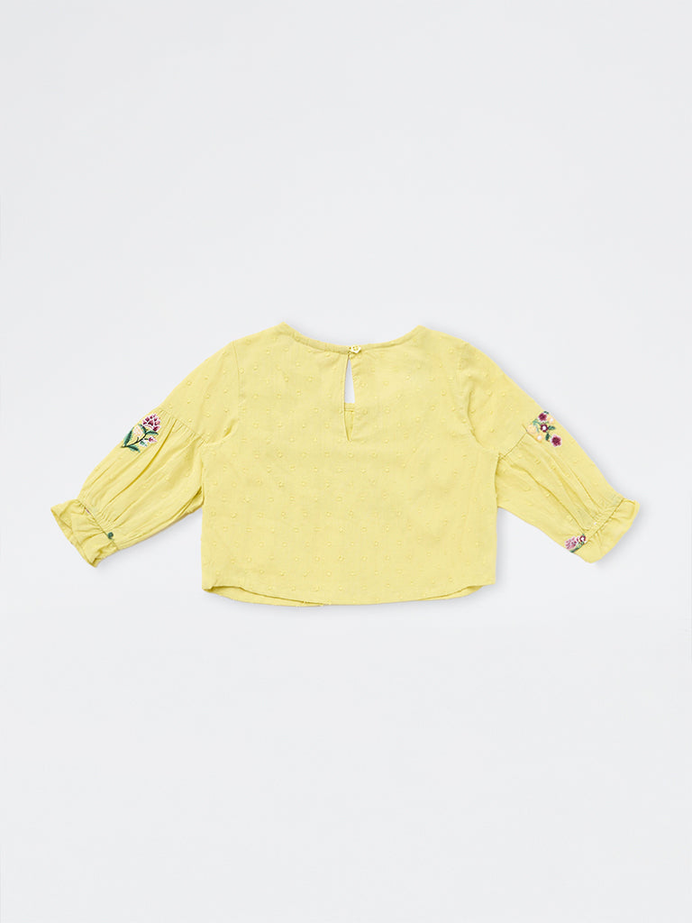 Utsa Kids Girls Yellow Floral Embroidered Cotton Top - (2-8 yrs)