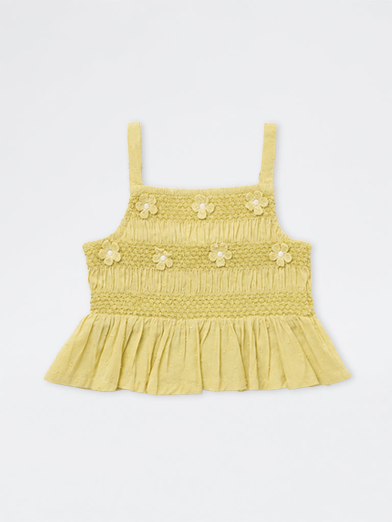 Utsa Kids Girls Yellow Floral Embroidered Cotton Peplum Top - (2-8 yrs)