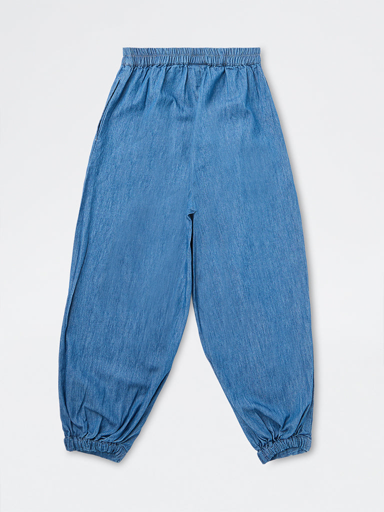 Utsa Kids Girls Blue High-Rise Denim Joggers - (8-14 yrs)