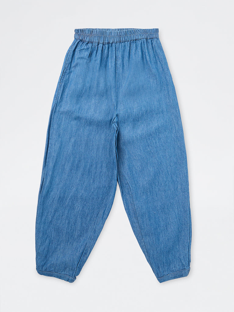 Utsa Kids Girls Blue High-Rise Denim Joggers - (8-14 yrs)