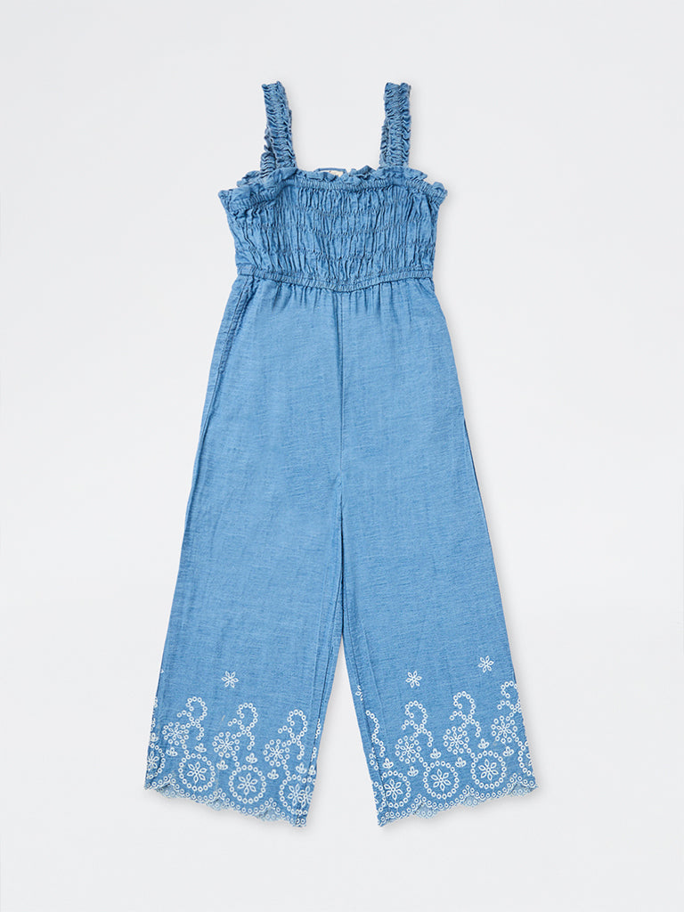 Utsa Kids Girls Blue Floral Embroidered Denim Jumpsuit - (8-14 yrs)