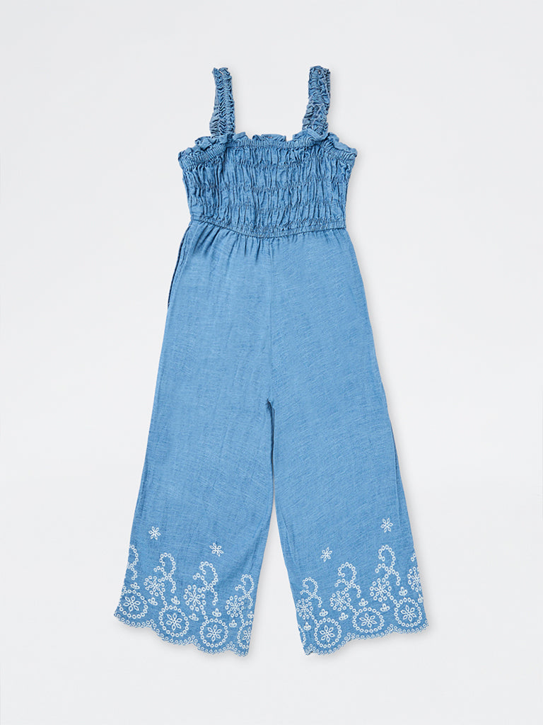 Utsa Kids Girls Blue Floral Embroidered Denim Jumpsuit - (8-14 yrs)