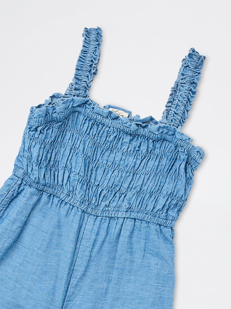Utsa Kids Girls Blue Floral Embroidered Denim Jumpsuit - (8-14 yrs)