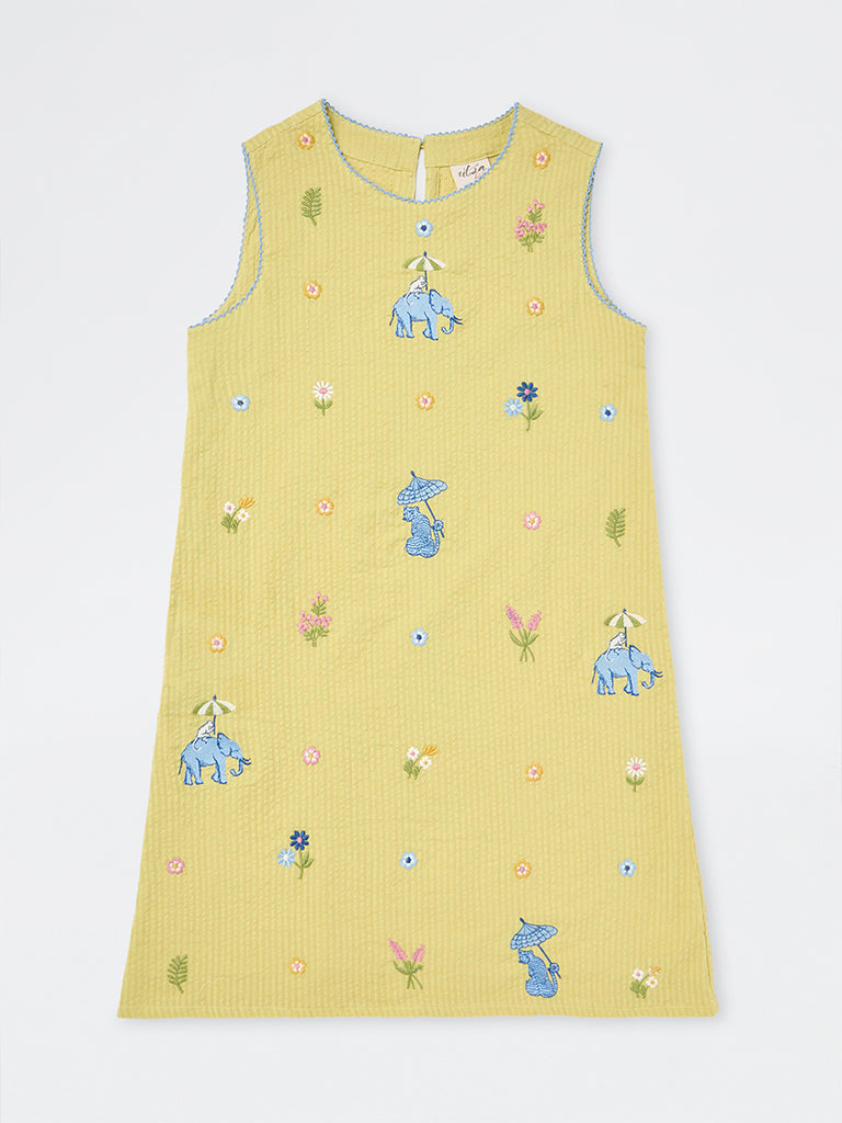 Utsa Kids Girls Yellow Embroidered Cotton Sheath Dress - (8-14 yrs)