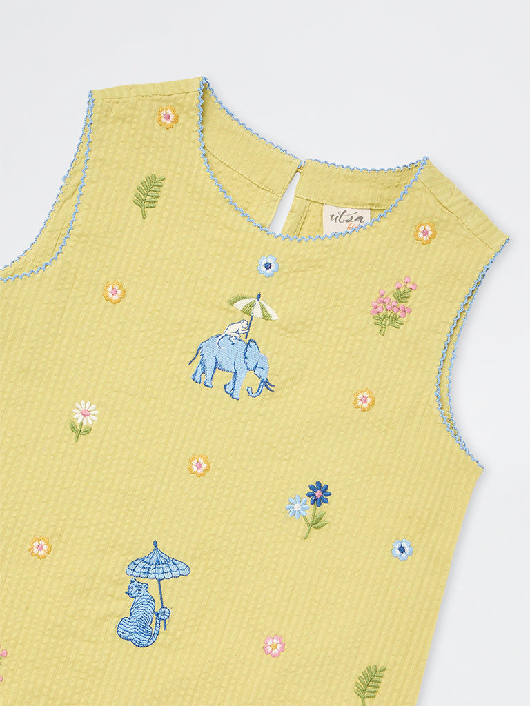 Utsa Kids Girls Yellow Embroidered Cotton Sheath Dress - (8-14 yrs)