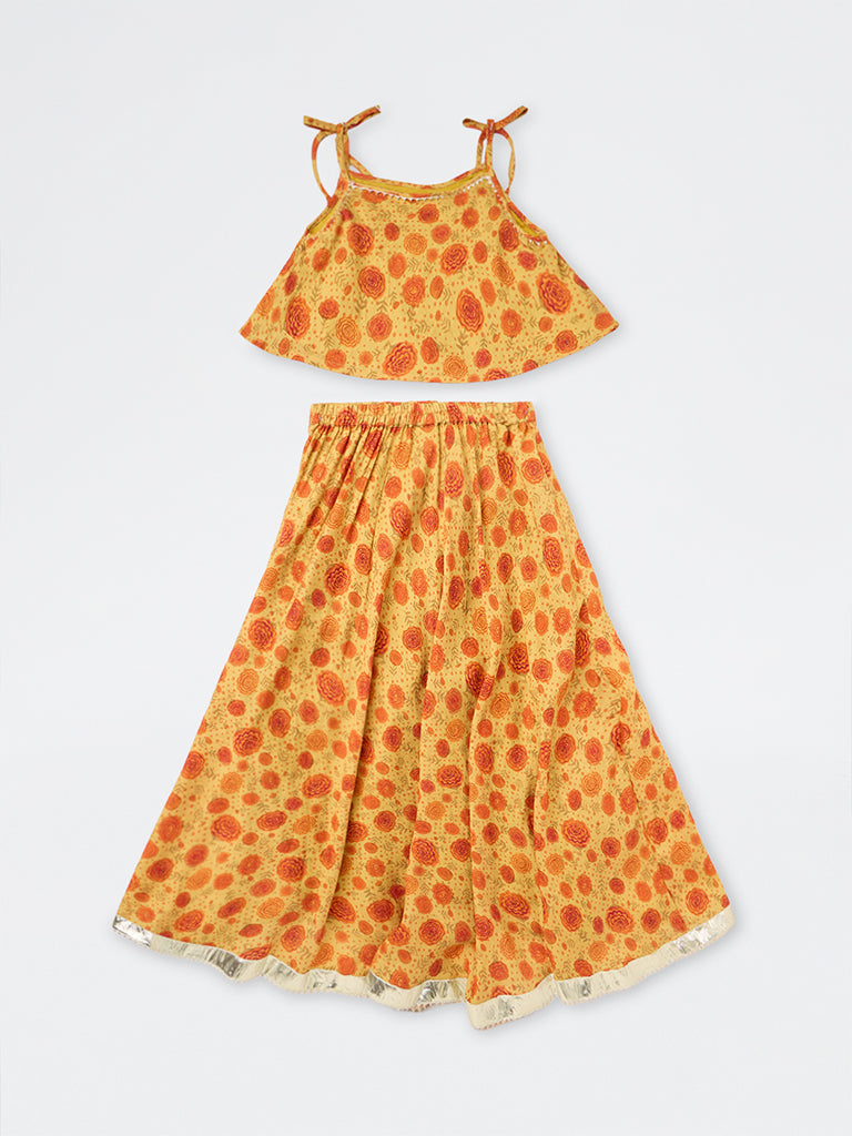 Utsa Kids Girls Yellow Floral Printed Top and Skirt Set - (8-14 yrs)