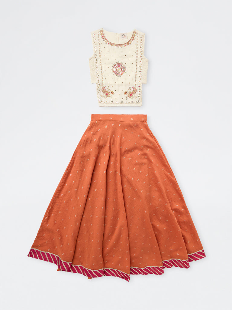 Utsa Kids Girls Orange Embroidered Top and Skirt Set - (8-14 yrs)