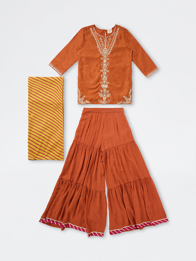 Utsa Kids Girls Orange Embroidered Kurta and Sharara Set - (8-14 yrs)