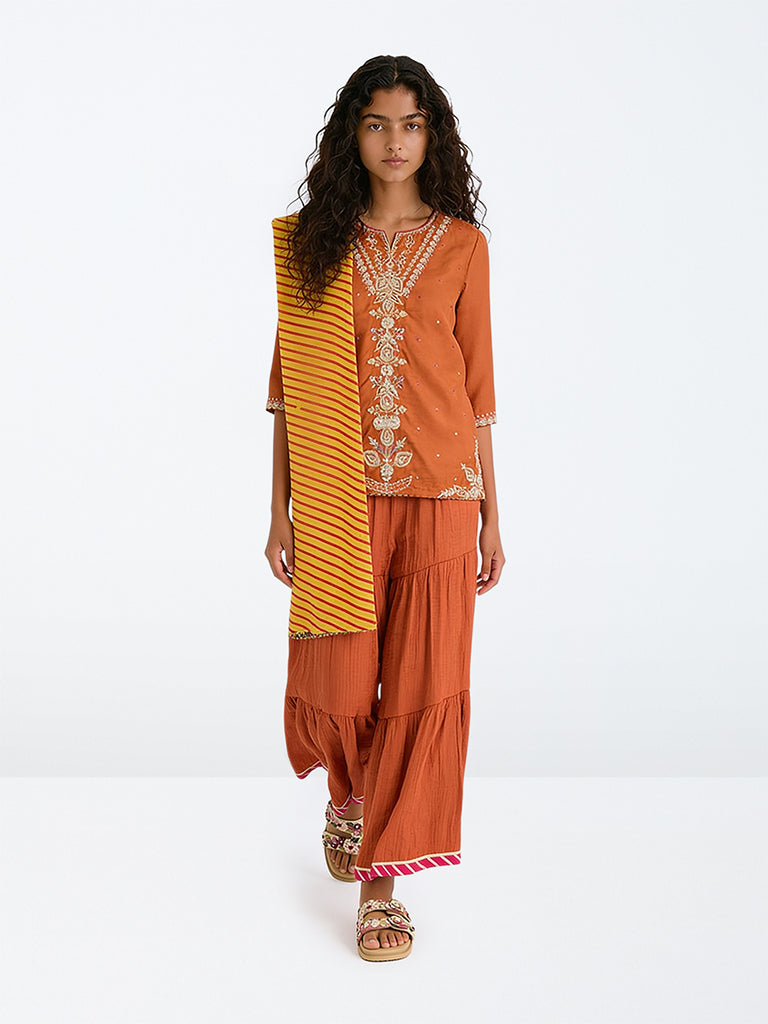 Utsa Kids Girls Orange Embroidered Kurta and Sharara Set - (8-14 yrs)