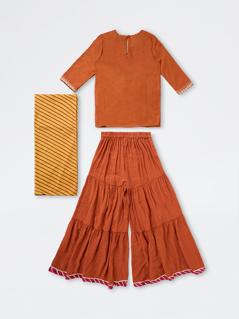 Utsa Kids Girls Orange Embroidered Kurta and Sharara Set - (8-14 yrs)