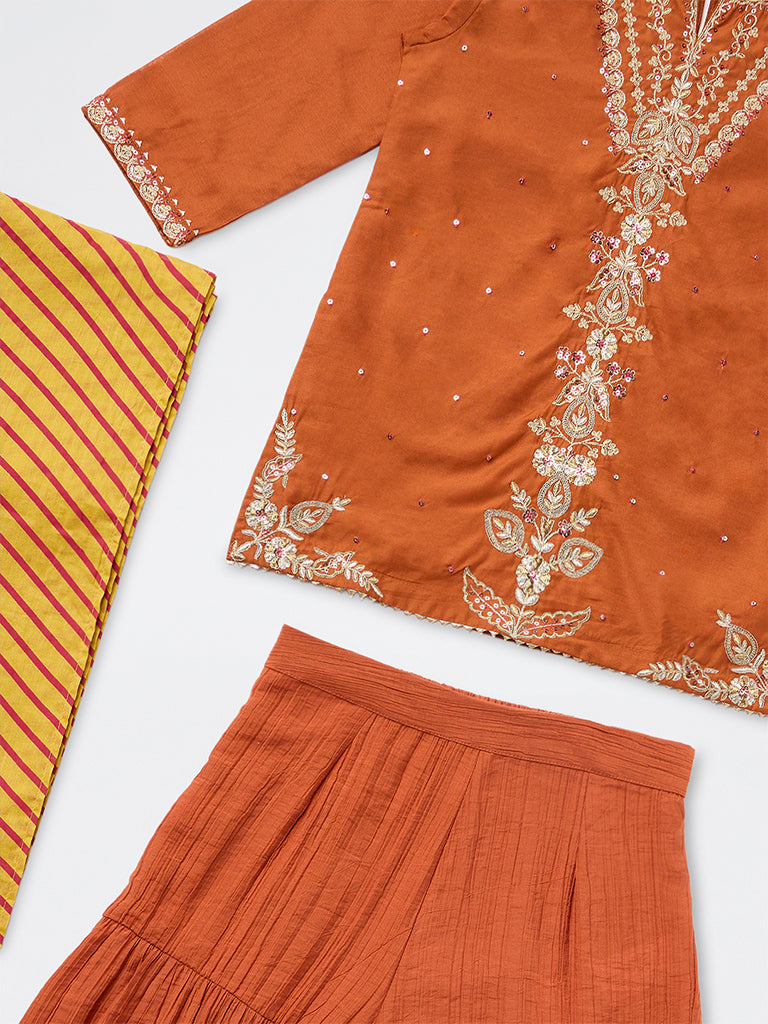 Utsa Kids Girls Orange Embroidered Kurta and Sharara Set - (8-14 yrs)