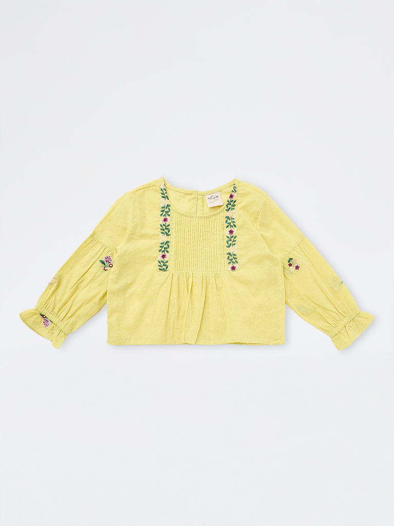 Utsa Kids Girls Yellow Floral Embroidered Cotton Top - (8-14 yrs)