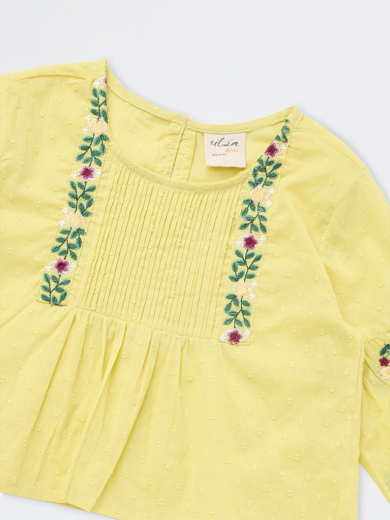 Utsa Kids Girls Yellow Floral Embroidered Cotton Top - (8-14 yrs)