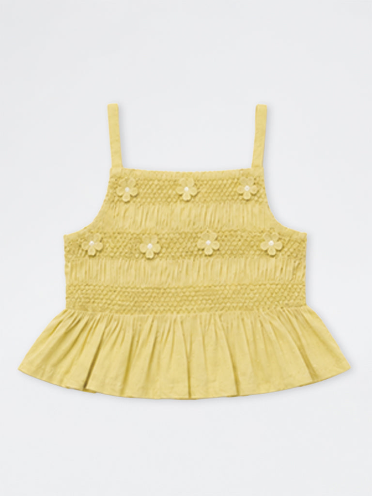 Utsa Kids Girls Yellow Floral Embroidered Cotton Peplum Top - (8-14 yrs)