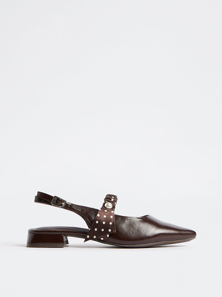 LUNA BLU Brown Polka-Dot Printed Pearl Strap Shoes