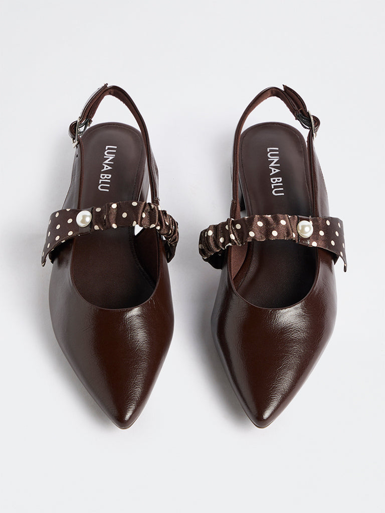 LUNA BLU Brown Polka-Dot Printed Pearl Strap Shoes