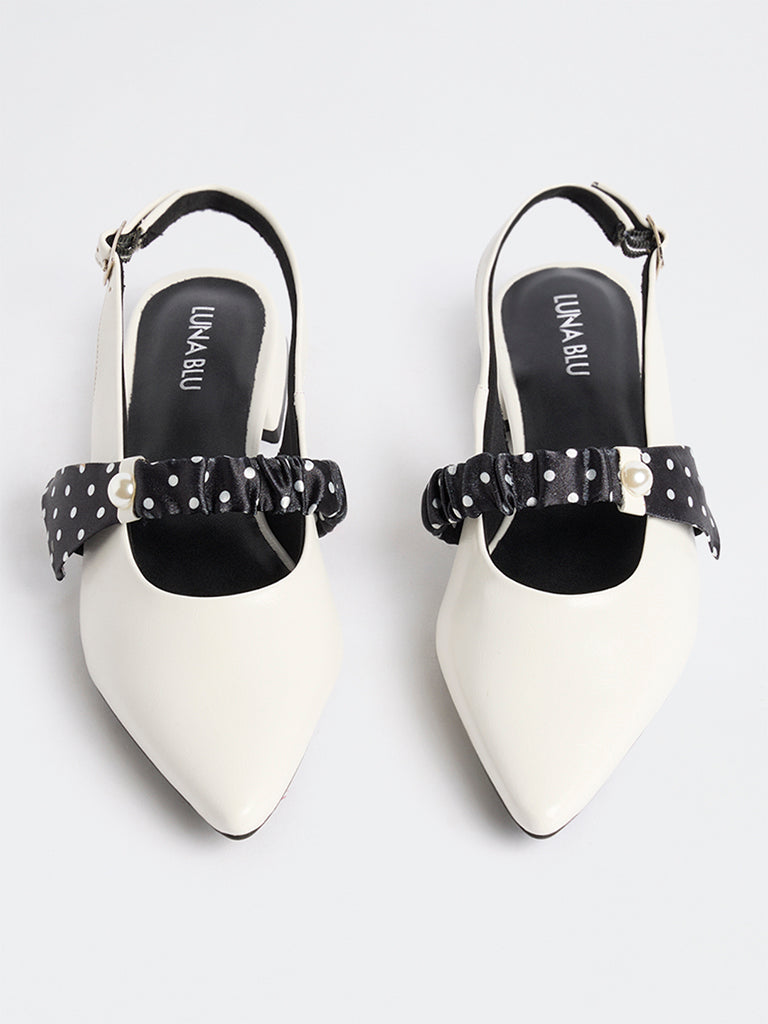 LUNA BLU White Polka-Dot Printed Pearl Strap Shoes