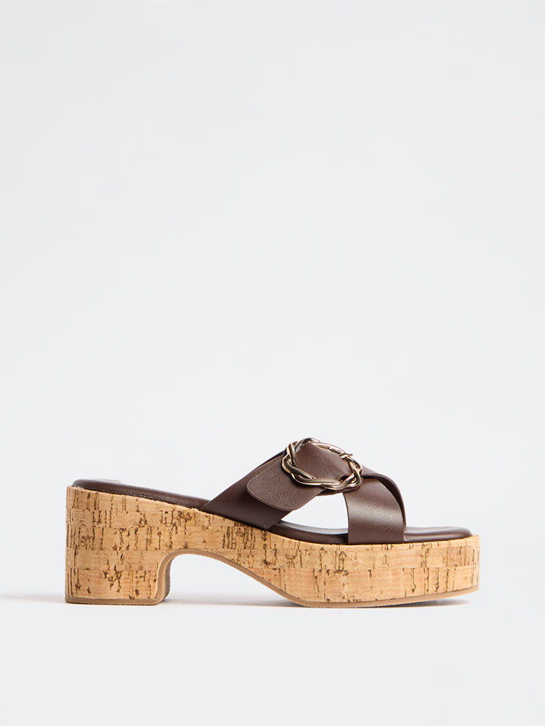 LUNA BLU Dark Brown Buckle-Detail Block-Heel Slides