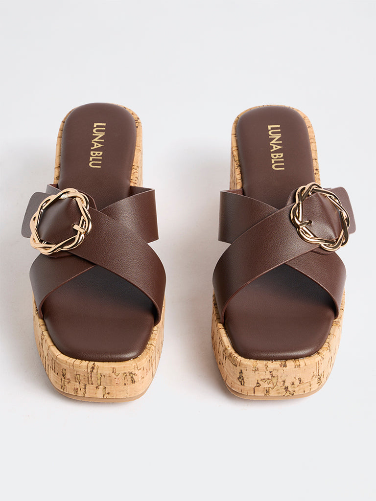 LUNA BLU Dark Brown Buckle-Detail Block-Heel Slides