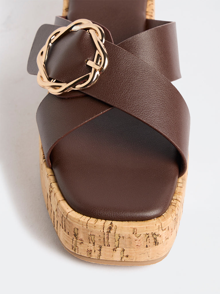 LUNA BLU Dark Brown Buckle-Detail Block-Heel Slides
