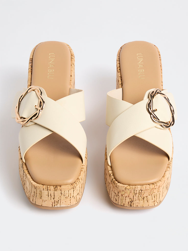 LUNA BLU Ivory Buckle-Detail Block-Heel Sandals