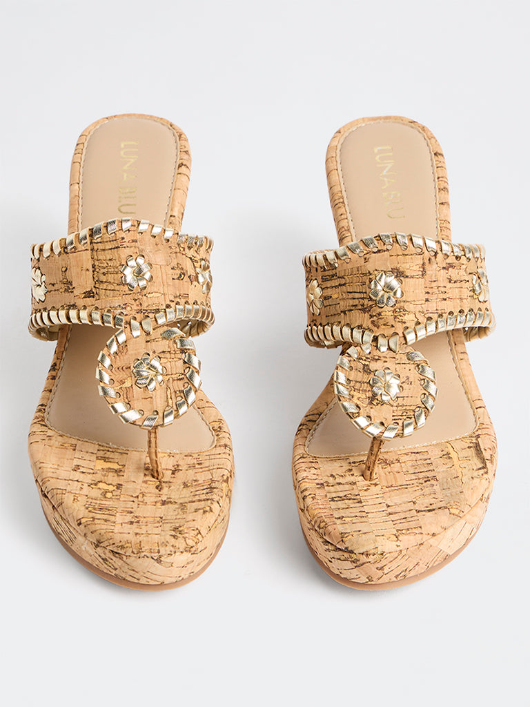 LUNA BLU Beige Embroidered Wedge-Heel Sandals
