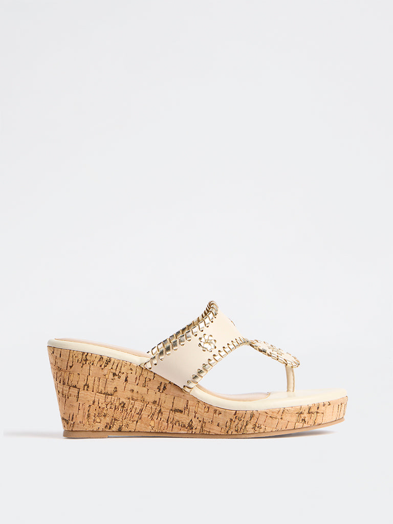 LUNA BLU Ivory Embroidered Thong-Strap Wedge-Heel Sandals
