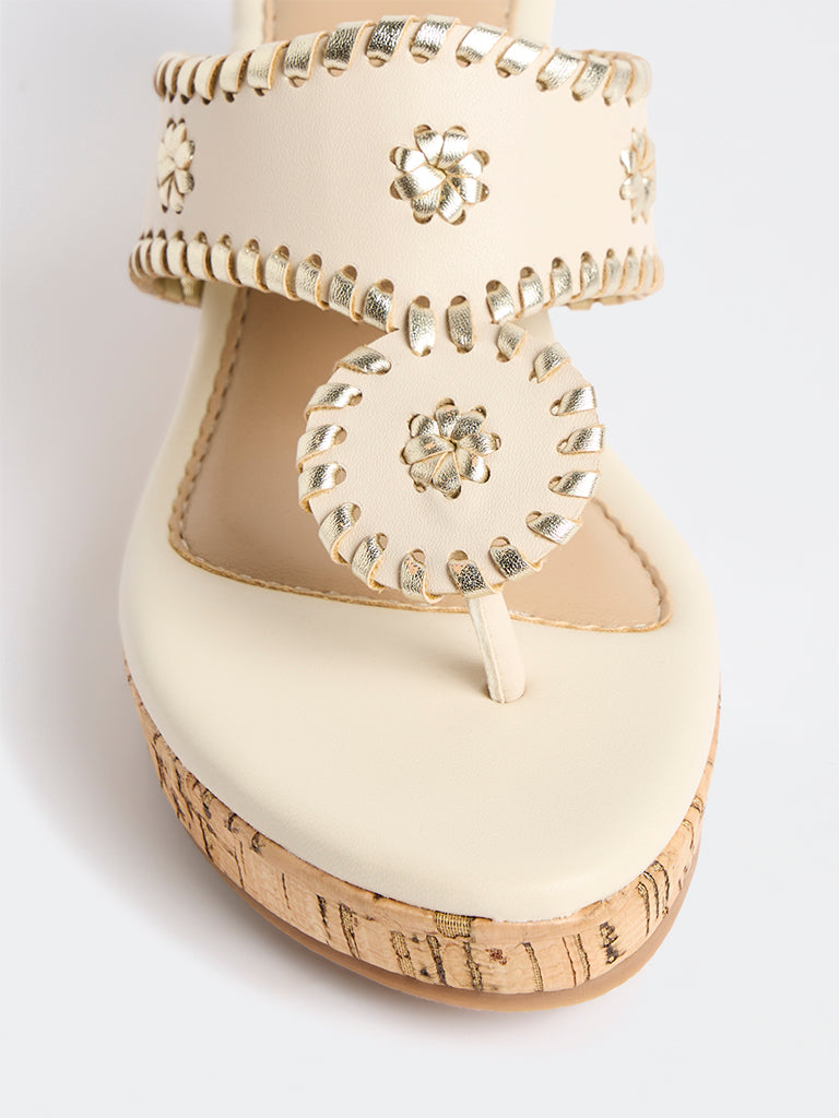 LUNA BLU Ivory Embroidered Thong-Strap Wedge-Heel Sandals