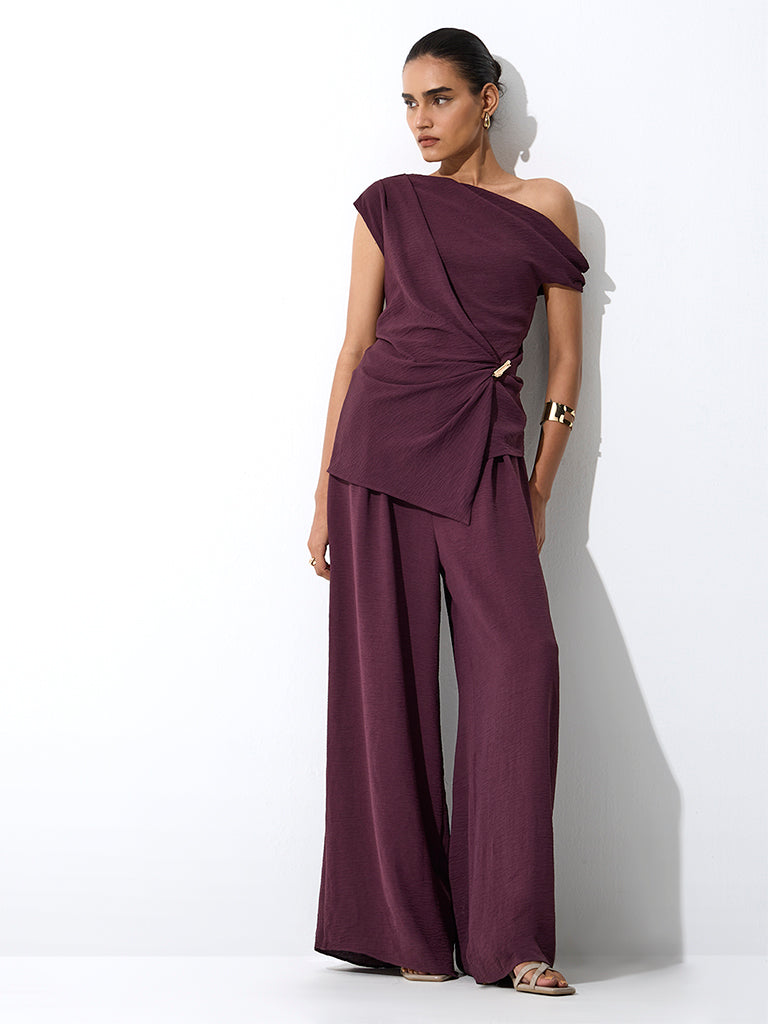 Wardrobe Dark Plum Textured One-Shoulder Top