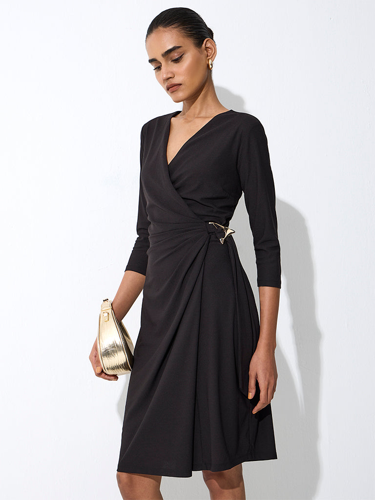 Wardrobe Black Metal-Detail Wrap-Style Dress