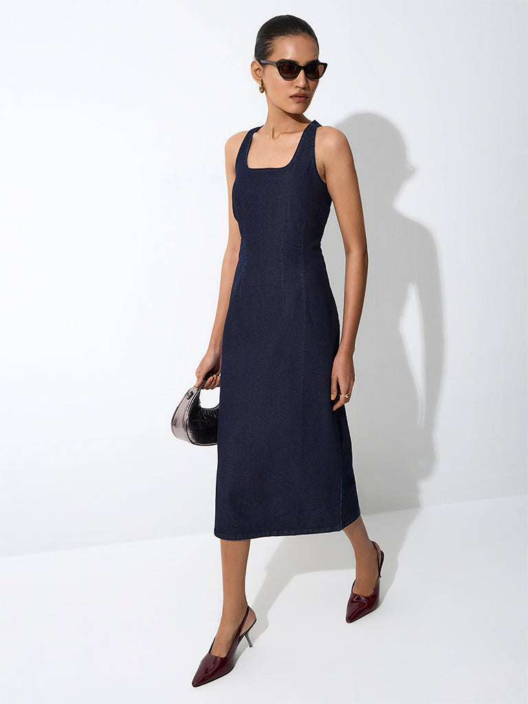 Wardrobe Navy Solid Straight Denim Dress