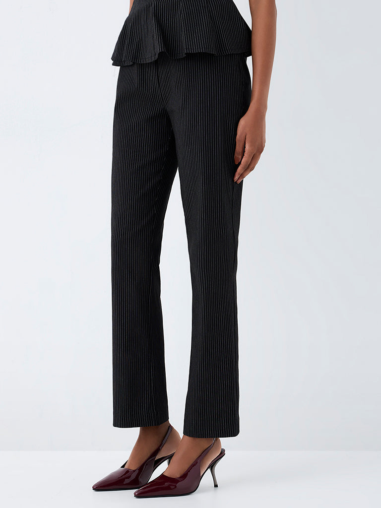 Wardrobe Black Pinstriped High-Rise Trousers