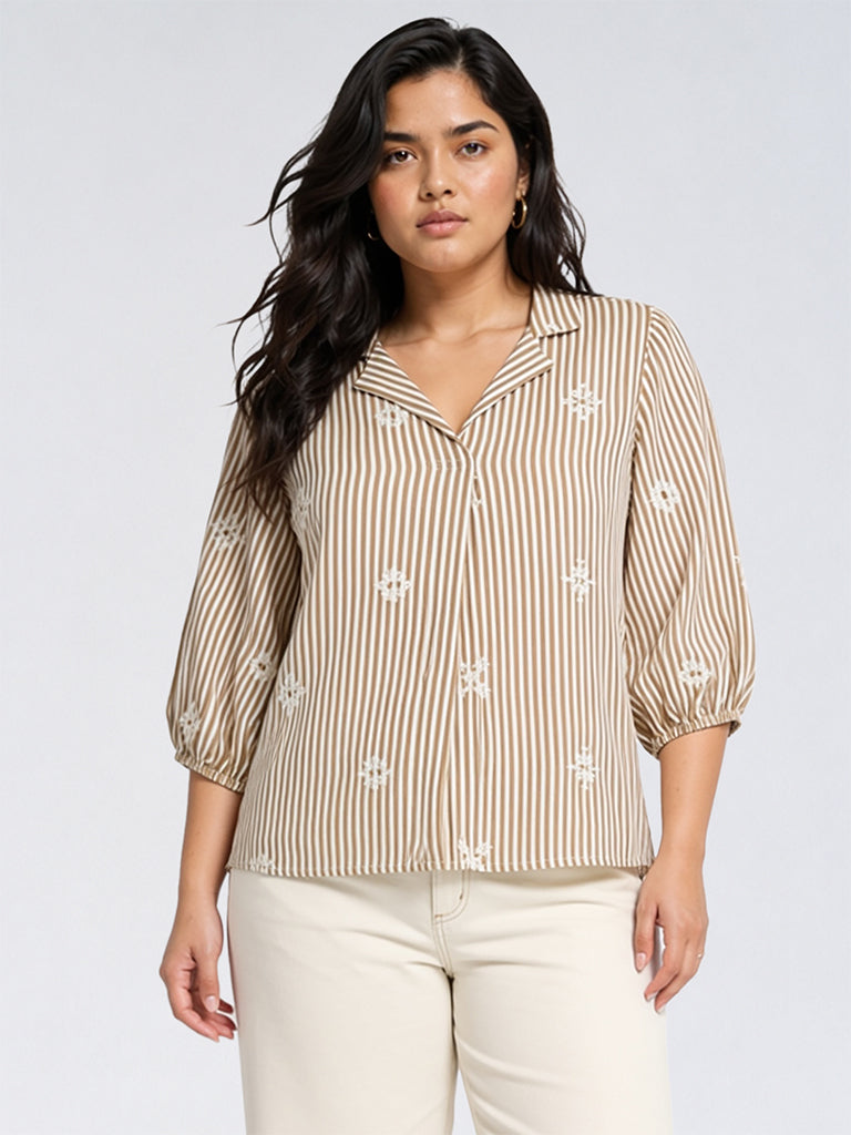Gia Brown Striped Cotton-Blend Blouse