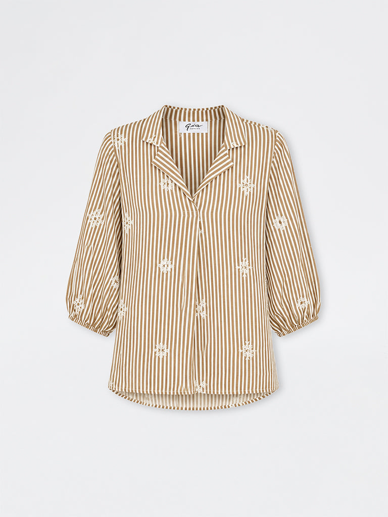 Gia Brown Striped Cotton-Blend Blouse