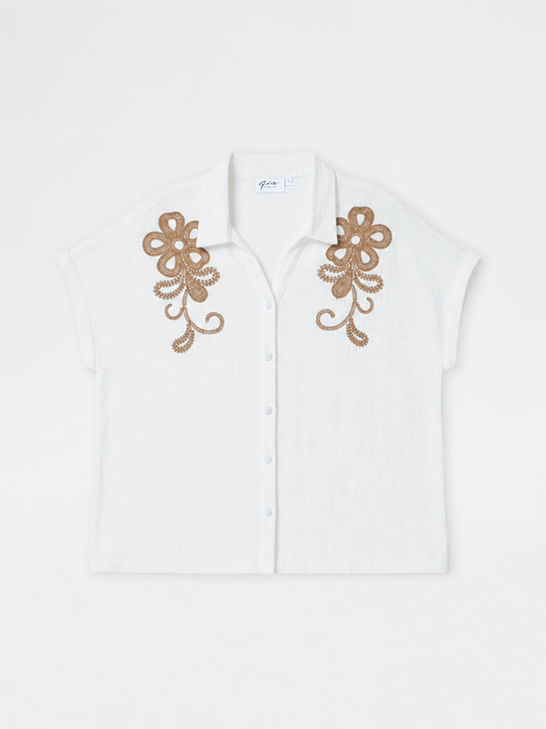Gia White Floral Embroidered Cotton Shirt