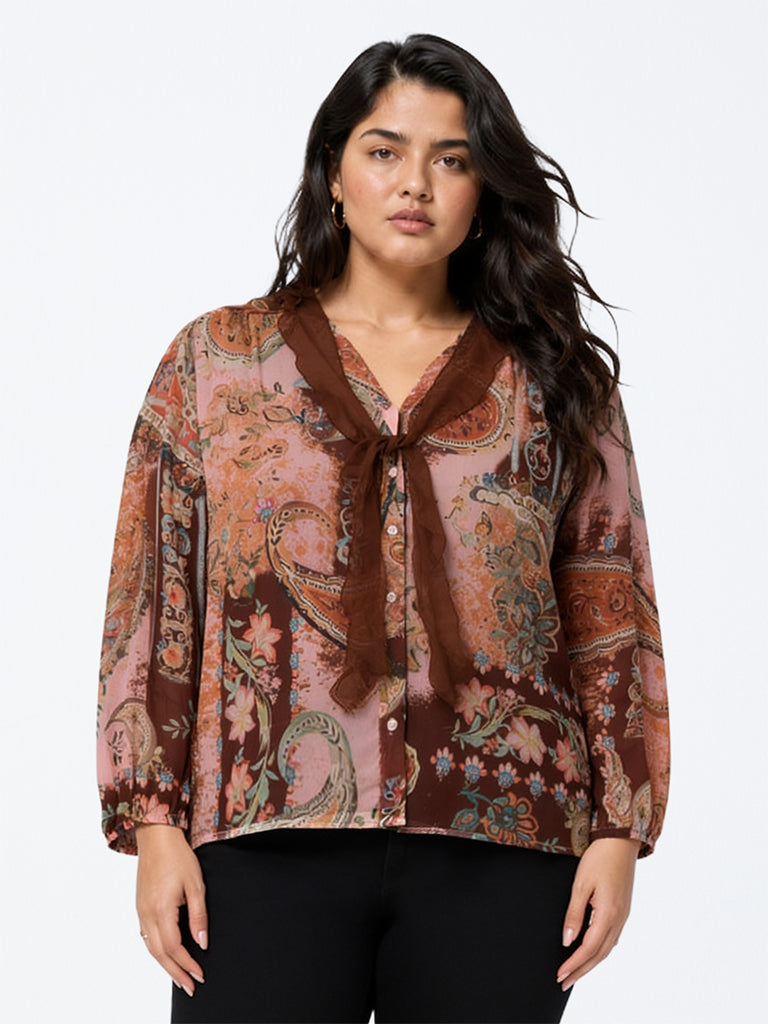 Gia Brown Printed Tie-Up Detail Blouse with Camisole