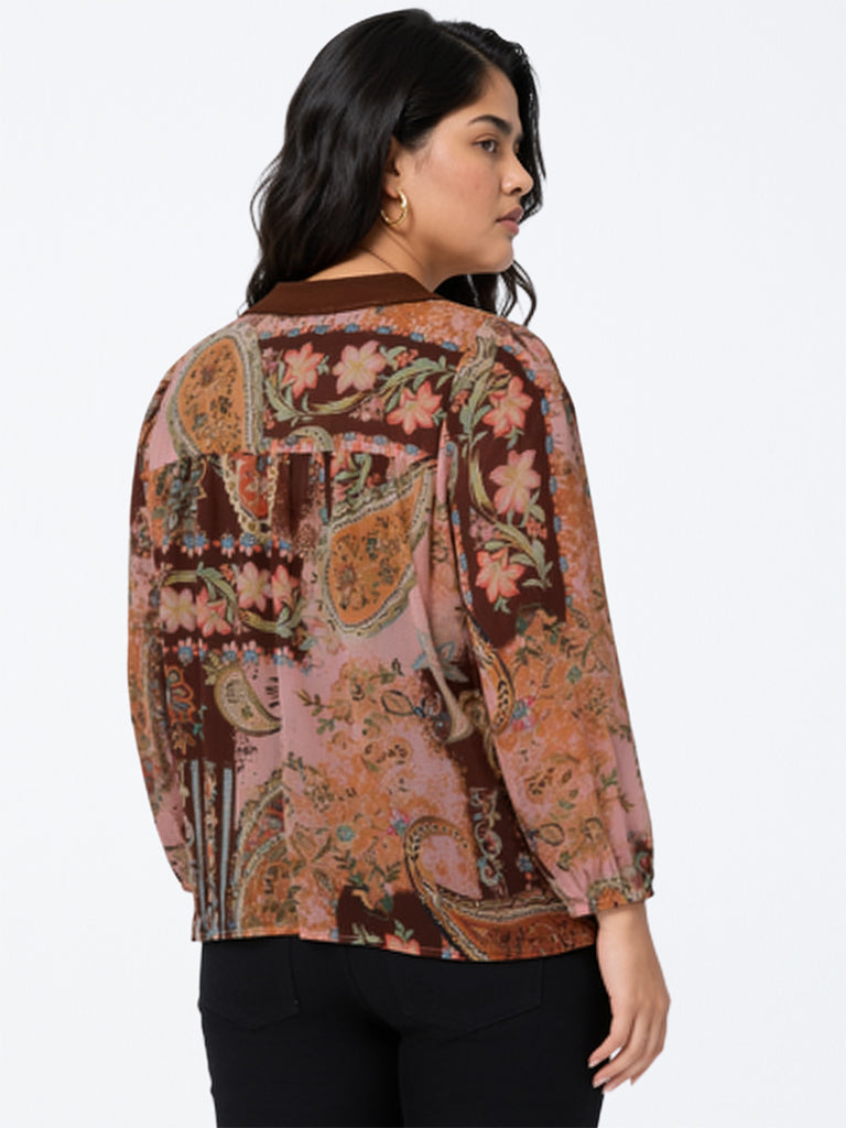 Gia Brown Printed Tie-Up Detail Blouse with Camisole