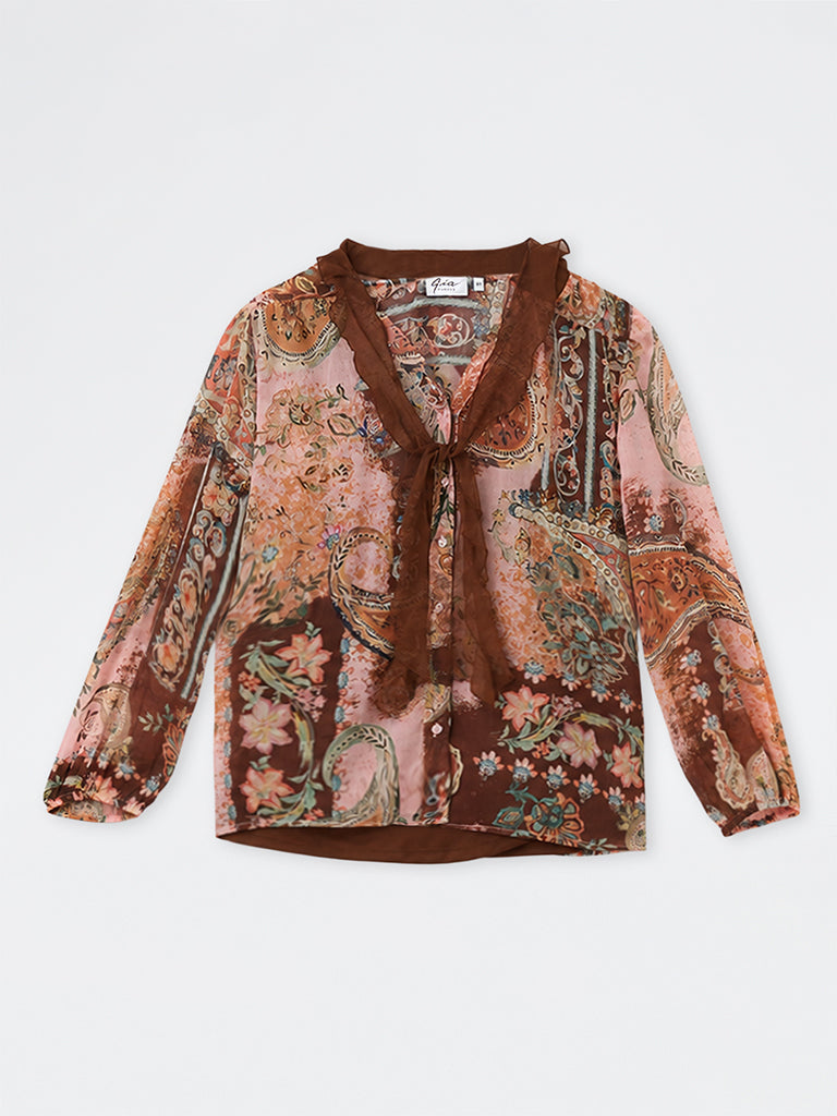 Gia Brown Printed Tie-Up Detail Blouse with Camisole